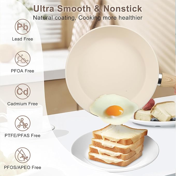 FAB&DELUXE Nonstick Cookware Set,11 Pcs Nonstick Pots and Pans, Aluminum Cooking Set with Lids & Wooden Handles, Non-Toxic Healthy Kitchen Cookware Sets, Silicone spoons & Spatulas, PFAS & PFOA Free