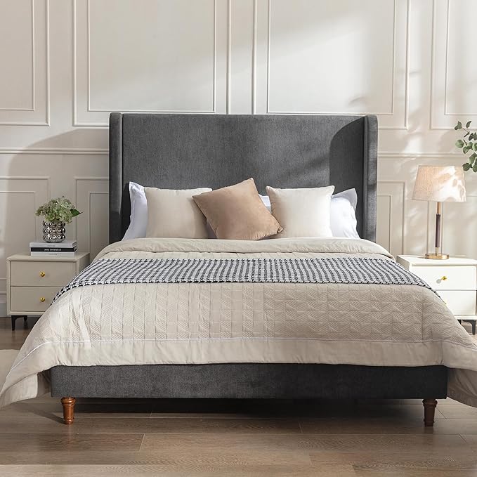 GDFStudio Tall Headboard Upholstered Bed,Queen Size Platform Bed Frame with Headboard Wingback,54" High No Box Spring Needed Easy Assembly Elegant Simplicity Dark Gray Velvet