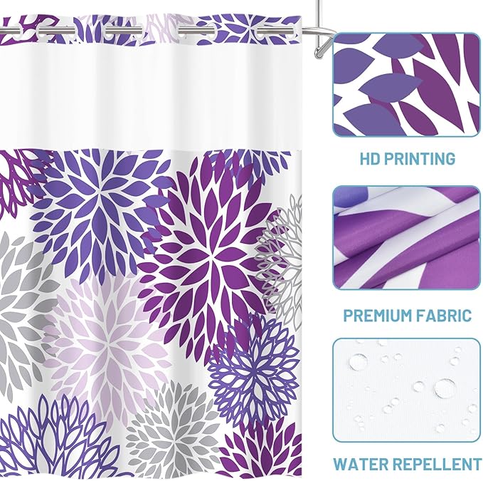 No Hook Shower Curtain with Snap in Liner - Dahlia Floral Shower Curtain - Fabric Waterproof Inner Liner, Plants Purple Grey Flowers Modern Cloth Shower Curtains - Machine Washable, 71 x 74