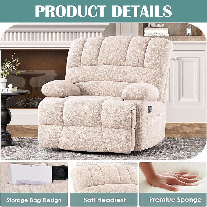 Oversized Rocker Recliner Chair, 360°Swivel Nursery Rocking Chairs with Adjustable Backrest Footrest, Oversized Recliner for Adults, Cashmere Reclining Sofa for Living Room, White