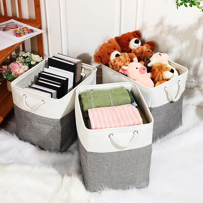 meekoo 8 Pack Collapsible Storage Bins Fabric Storage Bins Polyester Fabric Baskets with Handles Linen Closet Organizer for Shelf Home Closet Towels Toys(15 x 11 x 9.5 in,Gray White)
