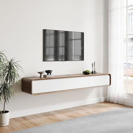 POVISON Fully-Assembled Minimalist Floating TV Stand, Modern Wall-Mounted Entertainment Center with 3 Flip-Down Cabinet Doors, Solid Wood Media Console, Walnut & Black, 70.87"