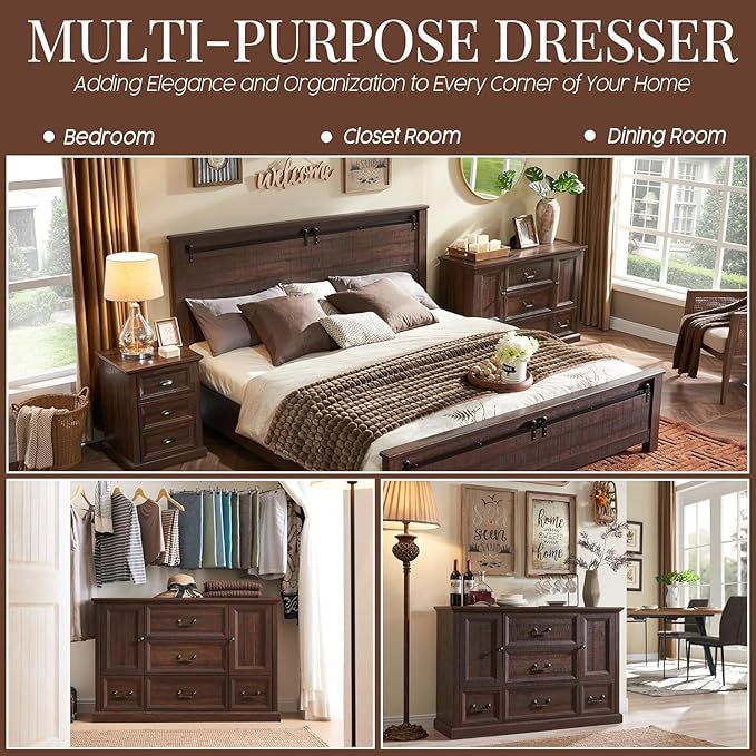 Farmhouse 5 Drawers Dresser for Bedroom, Wood Rustic Storage Organizer Closet Chest, Chest of Drawers w/Groove Barn Door&Shelf for Closet, Hallway, Living Room, Dining Room-Brown