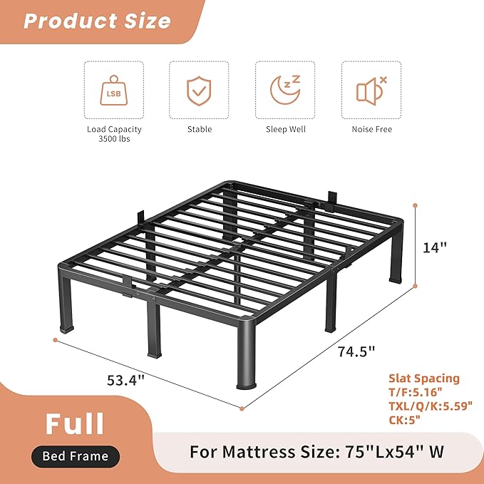 14 Inch Full Heavy Duty 3500 lbs Bed Frame with Round-Corner Legs & Anti-Squeak Design – Quick Assembly Metal Platform, No Box Spring Needed