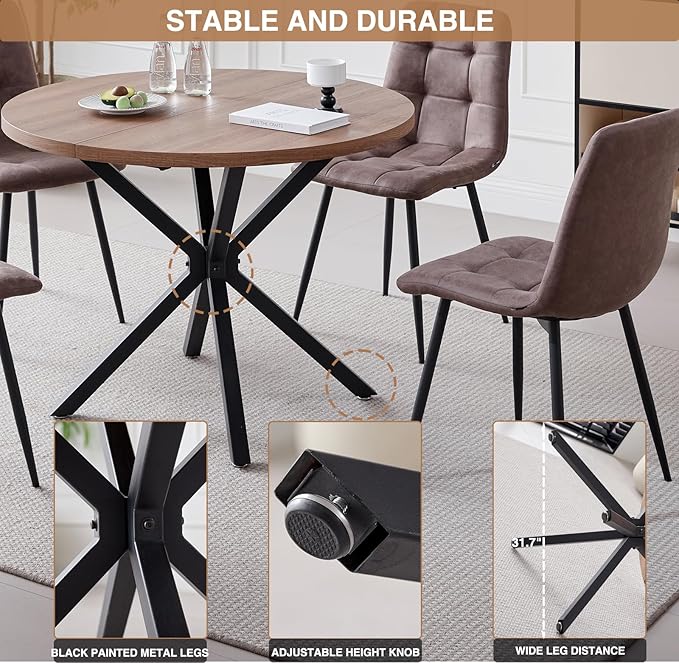 39" Round Dining Table Set for 4, Mid Century Kitchen Table with 4 Faux Leather Dining Chairs for Apartment Living Room Space Saving