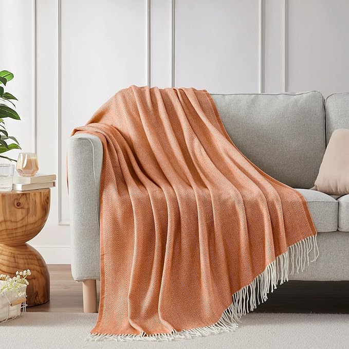BOURINA Decorative Herringbone Faux Cashmere Fringe Throw Blanket Lightweight Soft Cozy for Bed or Sofa Farmhouse Outdoor Throw Blankets, 50" x 60" Orange