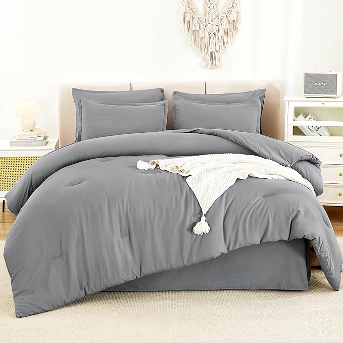 Litanika King Size Comforter Set Medium Gray - 7 Pieces Bed in a Bag King Bedding Comforter Sets, Solid Lightweight Bed Set with Comforter, Sheets, Pillowcases & Shams
