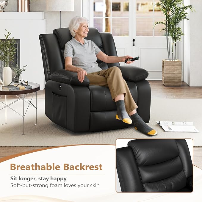 ANJ Power Lift Recliner Chair with Massage and Heat, PU Leather Overstuffed Electric Lift Chair for Elderly, Oversized Single Sofa Recliner with Side Pockets, Remote Control(Black)