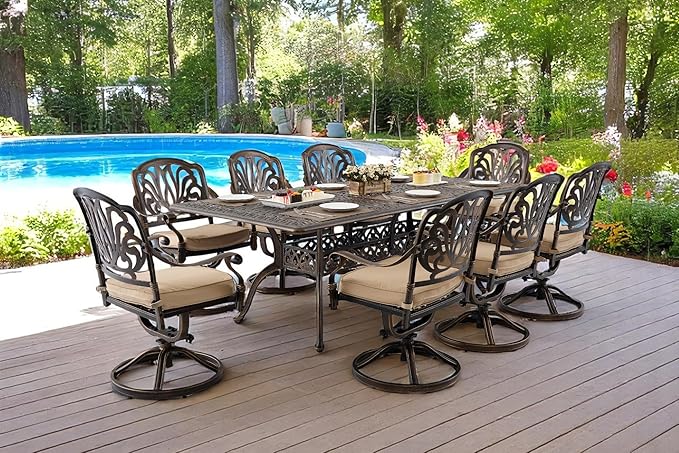 9 Piece Outdoor Dining Set Cast Aluminum, Retro Patio Dining Furniture Set for 8 Includes 86.6’’ Rectangular Table 8 Swivel Chairs with Thicker Cushion and Umbrella Hole for Patio Deck Garden