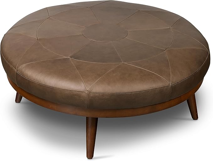 POLY & BARK Gio Ottoman – 30” Round with Feather-Down Topper – Full-Grain Leather Upholstery – Couch Ottoman for Living Room – Vintage Italian Leather in Cocoa Brown