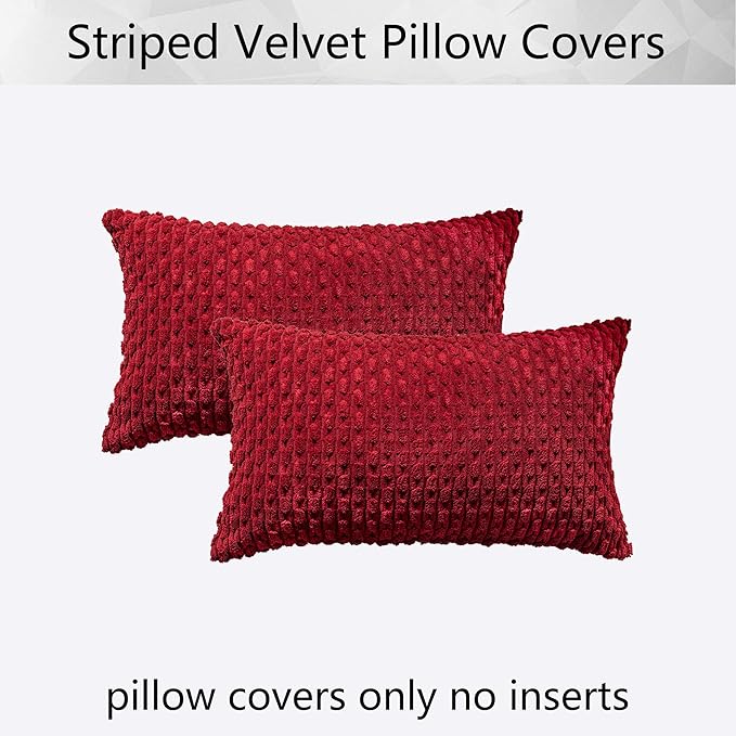 Kevin Textile Lumbar Throw Pillow Covers Ultra Soft Solid Striped Corduroy Rectangle Christmas Pillow Cover for Sofa 12 x 20 inch Burgundy 2 Pieces
