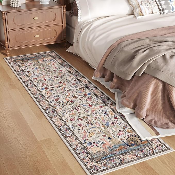 Runner Rug 2x6 Vibrant Tree of Life-Patterned Vintage Kitchen Rugs Non Slip Washable Soft Carpet Runner for Laundry Bedroom Bathroom, Beige