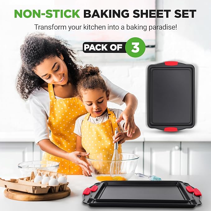 NutriChef Nonstick Baking Pans Set – 3-Piece Carbon Steel Cookie Sheet Set with Red Silicone Handles, Small, Medium, Large Stackable Trays, Oven and Dishwasher Safe Design for Cakes, Cookies and More