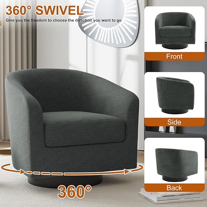 UIXE Swivel Accent Chairs Set of 4, Chenille Barrel Chair Upholstered Armchair for Living Room, Modern Round Arm Chair Small Single Sofa Bedroom Reading Seat - Gray