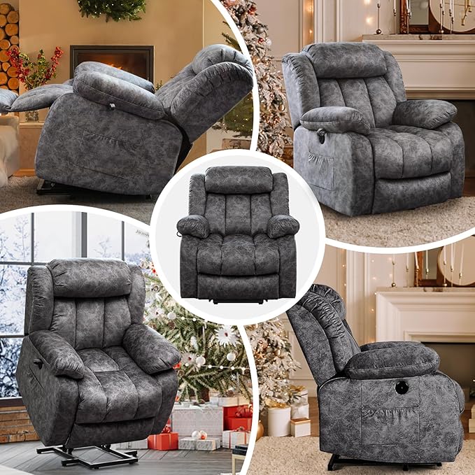 Power Lift Recliner Chair for Elderly with Heated and Massage, Adjustable Lift Chair Recliner, USB Port, Side Pocket, Plush Fabric, Grey
