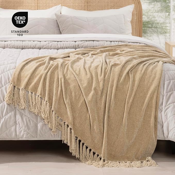 RECYCO Throw Blanket Soft Cozy Chenille Throw Blanket with Fringe Tassel for Couch Sofa Chair Bed Living Room Gift (Beige, 60" x 80")