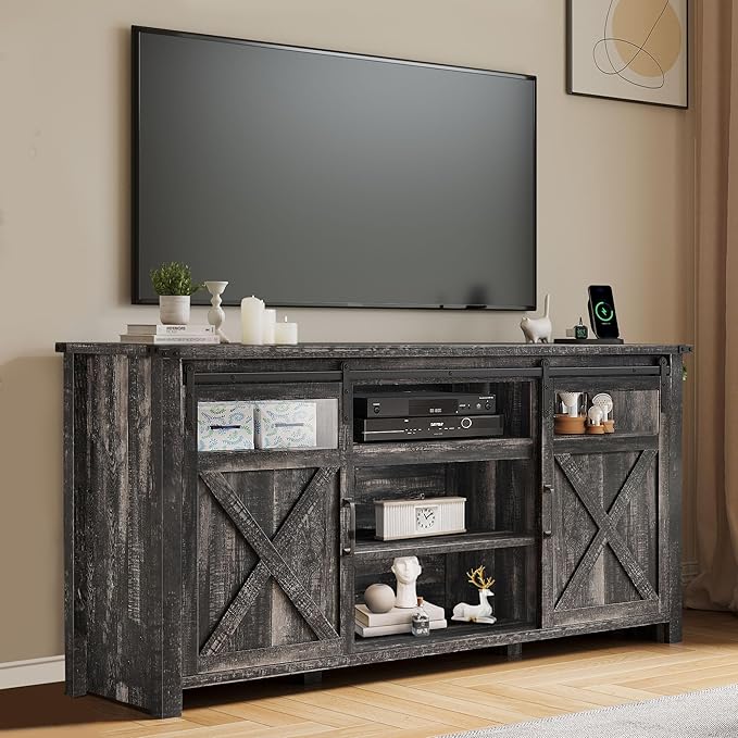 YITAHOME Farmhouse TV Stands for 75 Inch TV with Power Outlets, Entertainment Center with Sliding Barn Doors and Adjustable Shelves, TV Cabinet Media Console Table for Living Room, Dark Rustic Oak