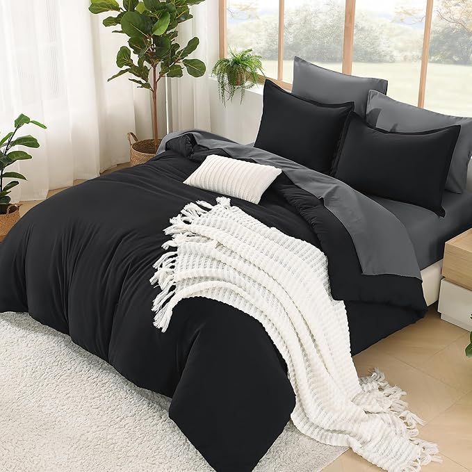 Litanika Comforter Queen Size Set Black Grey - 7 Pieces Bed in a Bag Queen Bedding Comforter Sets, Plain Lightweight Bed Set with Comforter, Sheets, Pillowcases & Shams