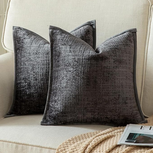 Yaertun Pack of 2 Chenille Textured Decorative Throw Pillow Covers Accent Solid Cushion Cover Soft Cozy Pillow Case with Velvet Back for Couch Sofa Bed Living Room 16x16 Inch Dark Grey