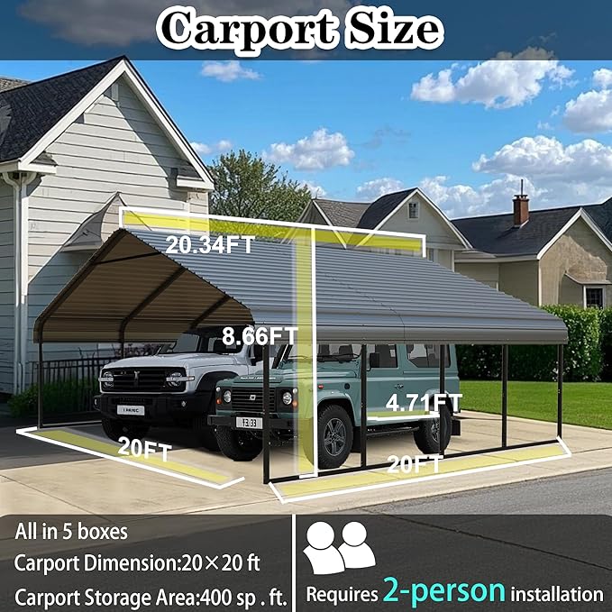 Heavy Duty 20x20 FT Carport Outdoor Yard Metal Carports Car Port for 2 Cars Galvanized Steel Roof & Frame Portable Garage Removable Sidewalls 20 x 20