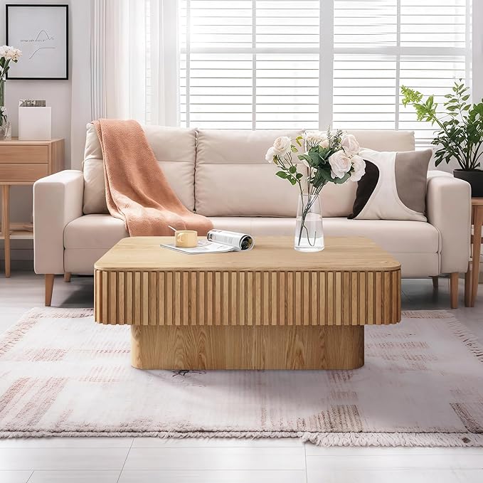 Lift Top Coffee Table for Living Room, Accent Fluted Coffee Table with Storage, Modern Solid Wood Veneered Rectangle Center Tea Table for Small Space Apartment (38.6''D×14''H-Natural)