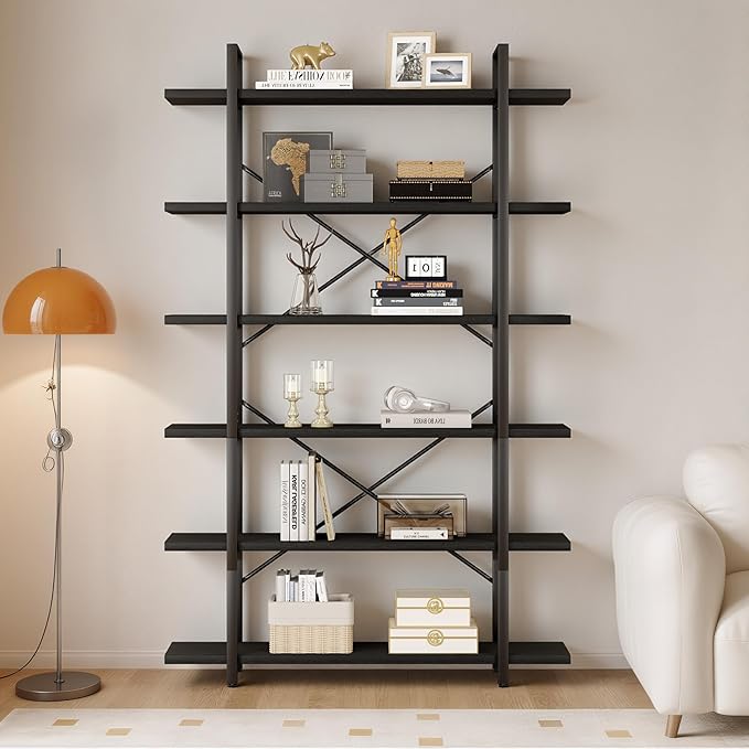 HSH 6 Tier Tall Black Bookshelf, Modern Large Storage Book Shelves & Display Book Shelf,Industrial Open Vertical Metal and Wood Black Bookcases 6 Shelf for Bedroom Living Room Office, Black Oak