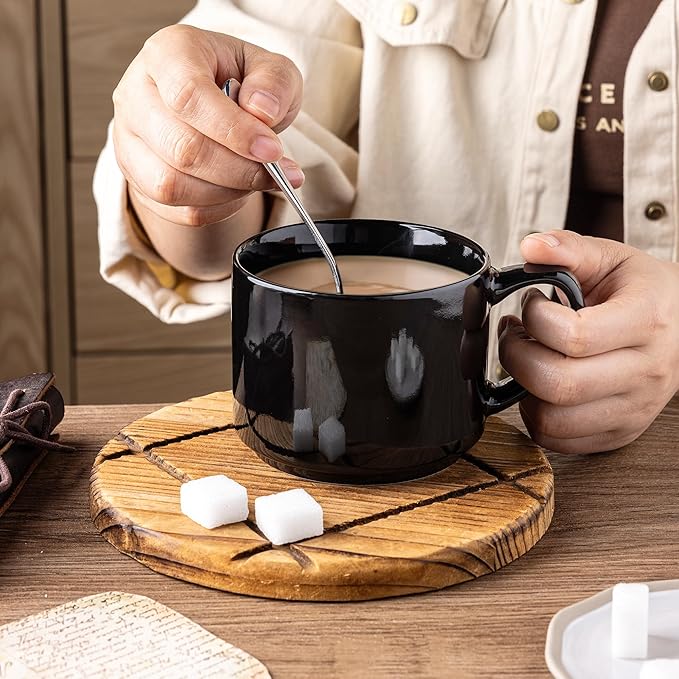 GBHOME 14 OZ Coffee Mugs Set of 6, Stackable Ceramic Mugs for Men, Women, Modern Coffee Cups for Latte,Tea, Cappuccino. Dishwasher & Microwave Safe, Black