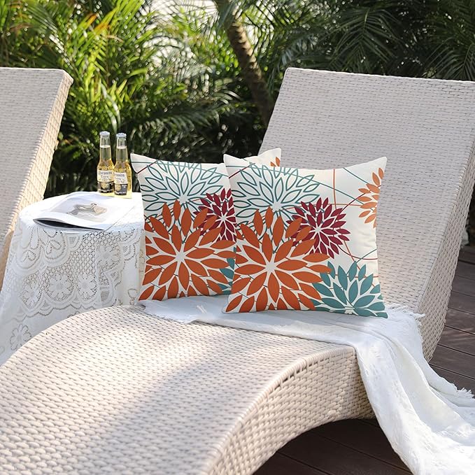 Orange and Red Floral Pillow Covers 18x18 Set of 2 Outdoor Waterproof Decorative Throw Pillows Fall Pillow Covers Polyester Cushion Case Decor for Couch Patio Funiture Garden Porch 01W18