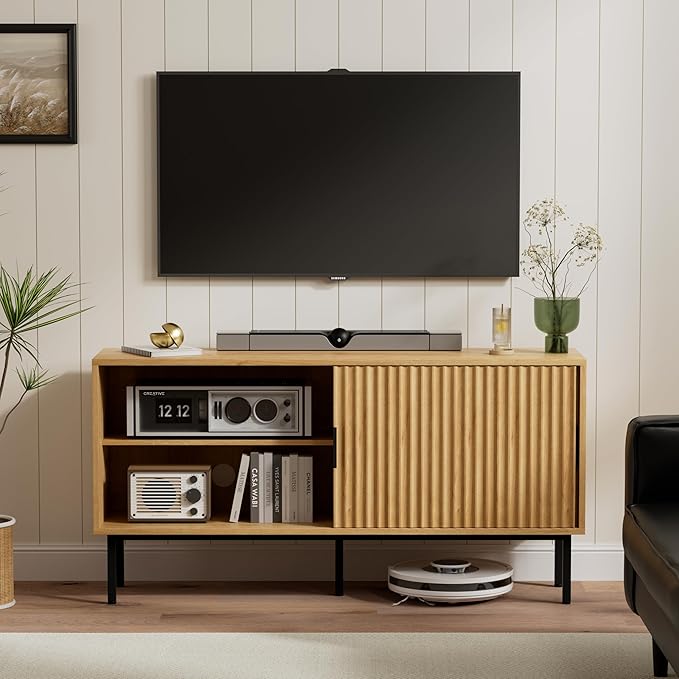 Fluted Tv Stand Set of 2, Modern Entertainment Center with Adjustable Shelves, Sliding Doors, Wood Media Console with Storage for Living Room, Natural Oak
