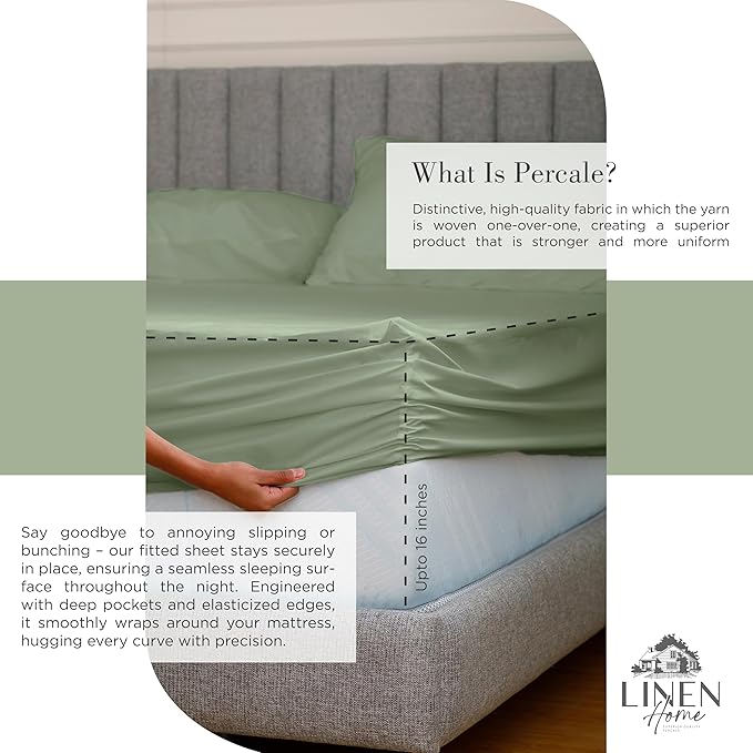 Linen Home 100% Cotton Percale Sheets Twin Size, Oil Green, Deep Pocket, 3 Pieces Set - 1 Flat, 1 Deep Pocket Fitted Sheet and 1 Pillowcase, Crisp Cool and Strong Bed Linen