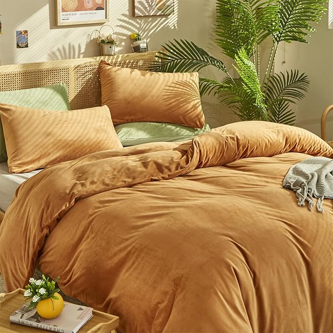 Cottonight Pumpkin Velvet Comforter King Rust Flannel Bedding Cal King Winter Flannel Burnt Orange Quilts Soft Terracotta Plush Fluffy Comforter Set