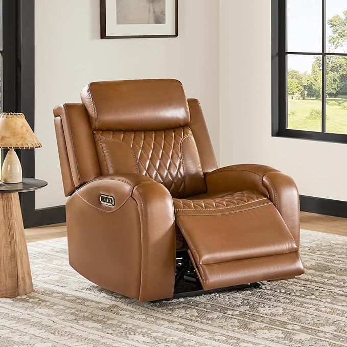 CHITA Genuine Leather Recliner Chair for Adults with Adjustable Power Headrest, Lay Flat Power Recliner with Slide-Out Cupholders & USB/Type-C Ports, Living Room Chair, Saddle