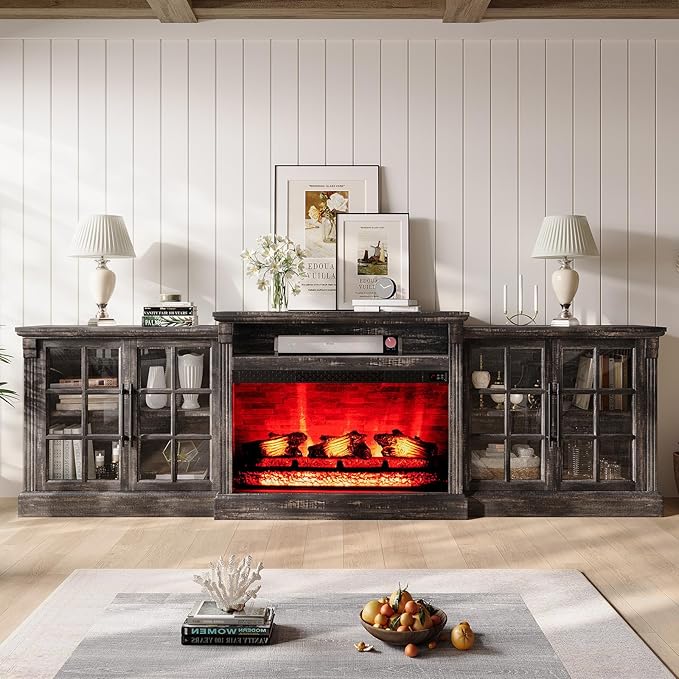 97" Farmhouse TV Stand with 33" Fireplace for TVs up to 100", Media Entertainment Center with Large Storage Cabinet and Adjustable Shelves for Living Room, Rustic Black