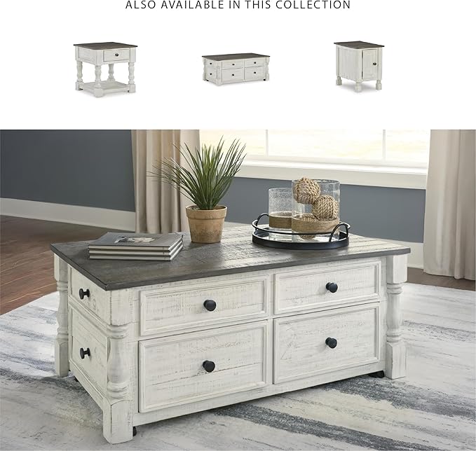 Signature Design by Ashley Havalance Farmhouse Lift Top Coffee Table with 4 Storage Drawers and Small Storage Tray, Whitewash