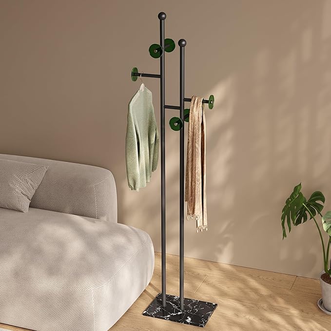 Standing Coat Rack with Marble Base & Round Acrylic Hooks Heavy Duty Clothes Hanger Rack Metal Coat Tree freestanding Hat Rack Stand for Clothes Hats Scarfs Purses