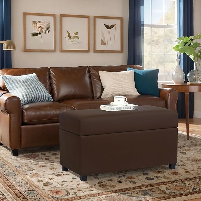 Asense Storage Ottoman Bench –32 Inch Stylish Compact Design with Storage, Extra Seating & Modern Leather Appeal for Living Room, Bedroom， Entryway， Espresso Brown