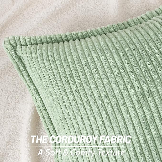 Mecatny Corduroy Throw Pillow Covers 12x20 Set of 2, Neutral Decorative Soft Boho Lumbar Couch Pillow Covers with Broadside for Sofa Living Room, Sage Green