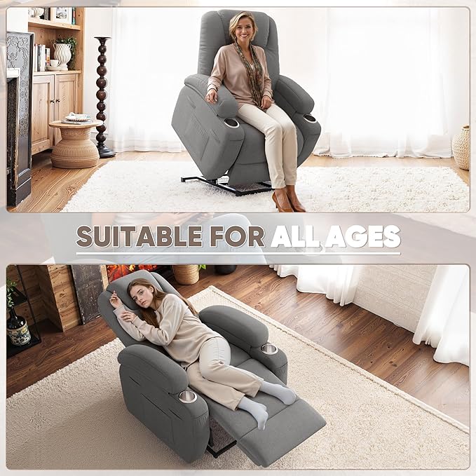 Power Lift Recliner Chair with Massage Electric Lift Chair for Elderly, Ergonomic Recliner with Cup Holders & Side Pockets, Modern Single Sofa for Living Room (Fabric, Grey)