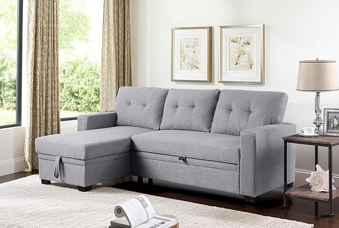 82 Inch Convertible Sleeper Sectional Sofa with Storage Chaise and Pull-Out Bed, Linen Upholstered Reversible Corner Couch, Modular L Shaped Couches for Living Room, Home Furniture, Light Gray