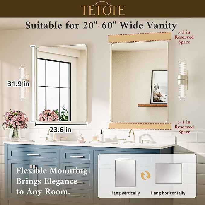 TETOTE Brushed Nickel Mirror 24 x 32 Inch Brushed Nickel Metal Framed Bathroom Mirror, Tempered Glass, Modern Farmhouse Wall Mounted Mirror for Decorative(Horizontal/Vertical)