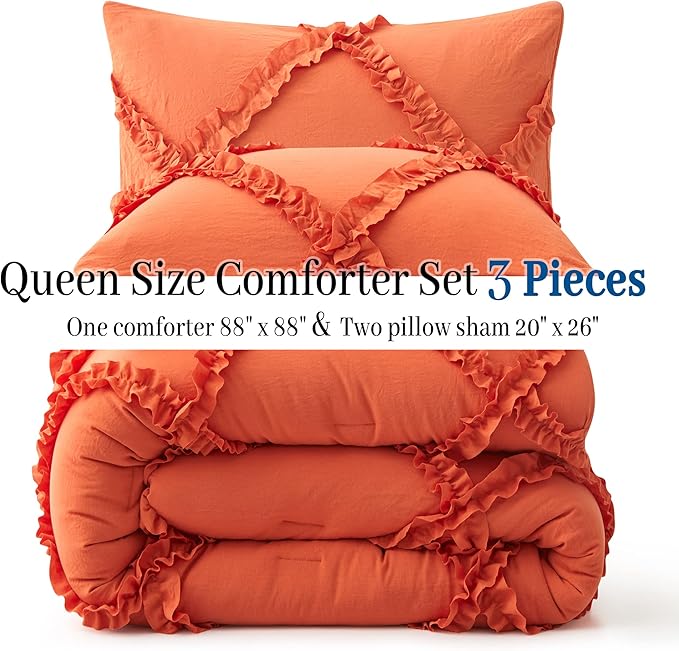 Bonlino Queen Comforter Set Soft Bedding - 3 Pcs Tufted Decor Fluffy Comforter Boho Bed in a Bag with Cute Lightweight Pillowcase for Dorm Farmhouse Bedroom Luxury Gift(Orange)