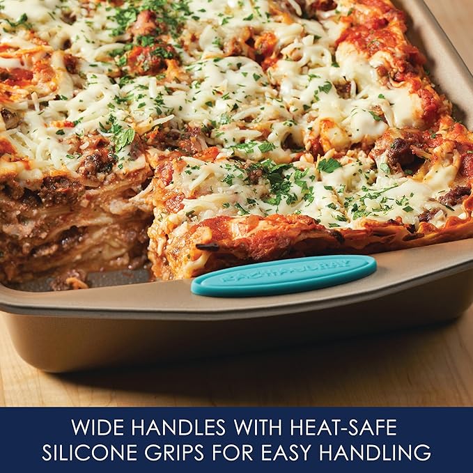 Rachael Ray Cucina Bakeware Set Includes Nonstick Bread Baking Cookie Sheet and Cake Pans, 5 Piece, Latte Brown with Agave Blue Grips