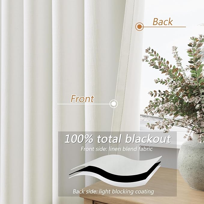 Guken Ivory Linen Blackout Curtains 96 Inch Length 2 Panels Set for Living Room Bedroom Back Tab Thermal Insulated 100% Black Out Linen Drapes Room Darkening Window Curtains 96 Inches Long