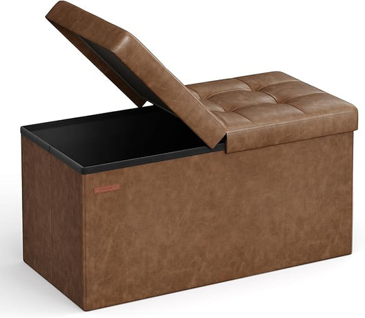 SONGMICS MAZIE Collection - 30 Inches Storage Ottoman Bench with Flipping Lid, Storage Chest Footstool, Load 660 lb, for Entryway, Living Room, Bedroom, Synthetic Leather, Coffee Brown ULSF045K01