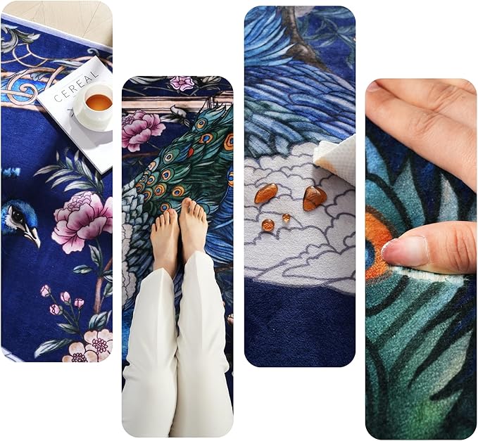 Door Mat Indoor Entrance 2x3 Rug Machine Washable Floral Peacock Animal Small Area Rug Non-Slip Low Pile Throw Rugs for Entryway, Kitchen, Front Door, Entry, Kids Room (Cobalt Blue)