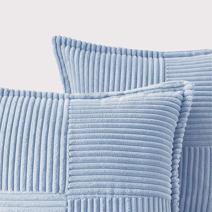 MIULEE Decorative Throw Pillow Covers for Couch Bed Livingroom 20x20 Inch Set of 2 Baby Blue Boho Accent Throw Pllows Broadside Striped Patchwork Soft Corduroy Pillowcases