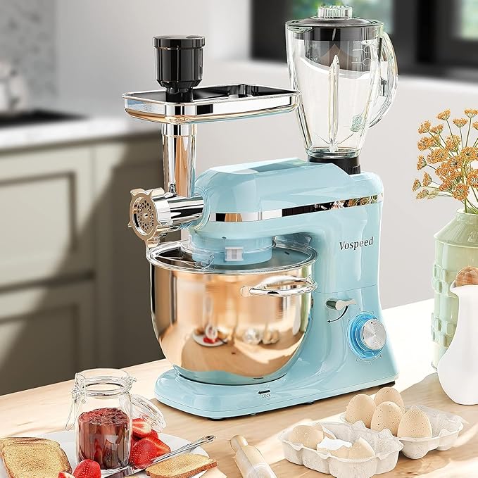 Vospeed 9 IN 1 Stand Mixer, 850W Tilt-Head Multifunctional Electric Mixer with 8 QT Stainless Steel Bowl, 1.5L Glass Jar, Meat Grinder, Hook, Whisk, Beater Dishwasher Safe (Blue)