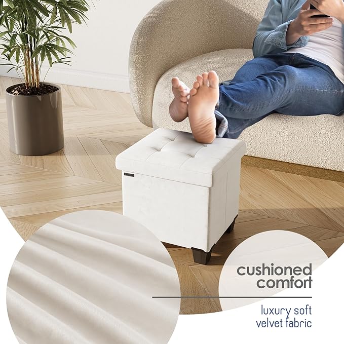 STORAGEBUD Storage Ottoman Cube with Small Bin, 15-in Square Ottoman with Storage for Living Room and Bedroom, Small Ottomans Foot Rest, Velvet Foot Stools Ottomans Max 330lbs, Cream