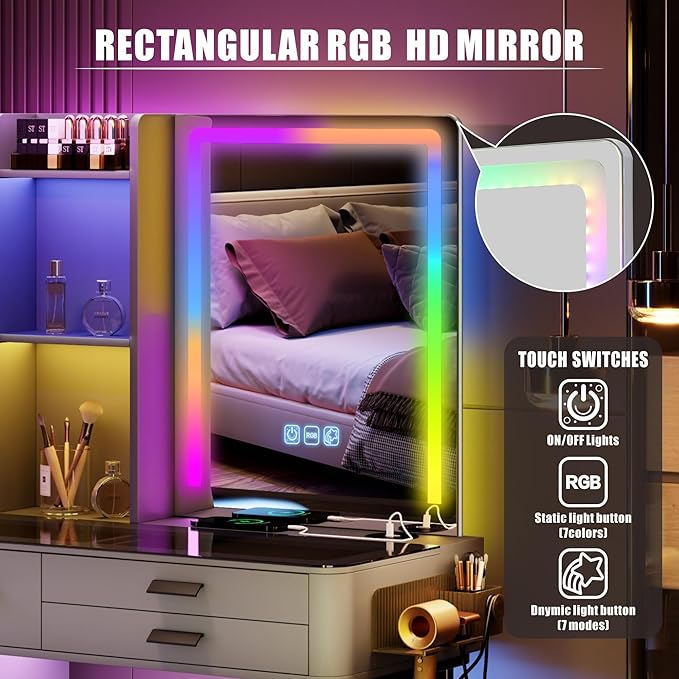 HNEBC Vanitys with HD Glass Display Table, Makeup Desk with Lighted Mirror and Charging Station, Dressing Table with RGB Lights,Jewelry Organizer,Cabinet,6Drawers,Chair for Women/Girls (Grey)