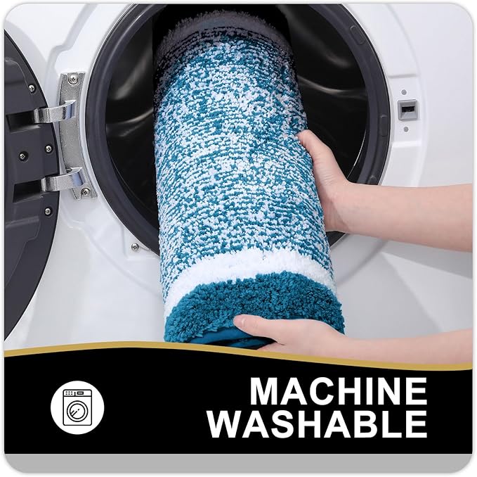 OLANLY Toilet Rugs U-Shaped 24x20, Extra Soft and Absorbent Microfiber Bathroom Rugs, Non-Slip, Machine Wash Dry, Plush Shaggy Contour Bath Mats for Toilet Base (Peacock Blue and White)